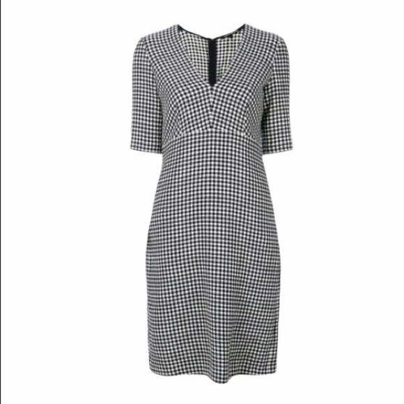 LUISA CERANO Checked Fitted Gingham Dress V-Neck Knee Length Black White 14 - Picture 1 of 13